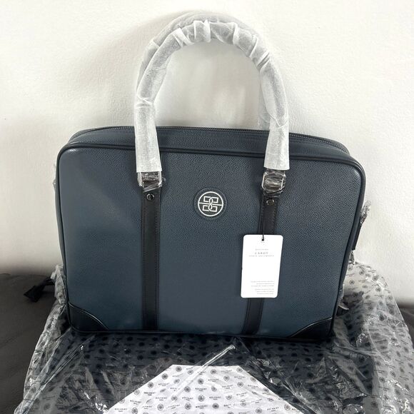 Bolvaint Cabot Luxury Briefcase Navy Leather w/Black Accents Travel Collection - Picture 9 of 11